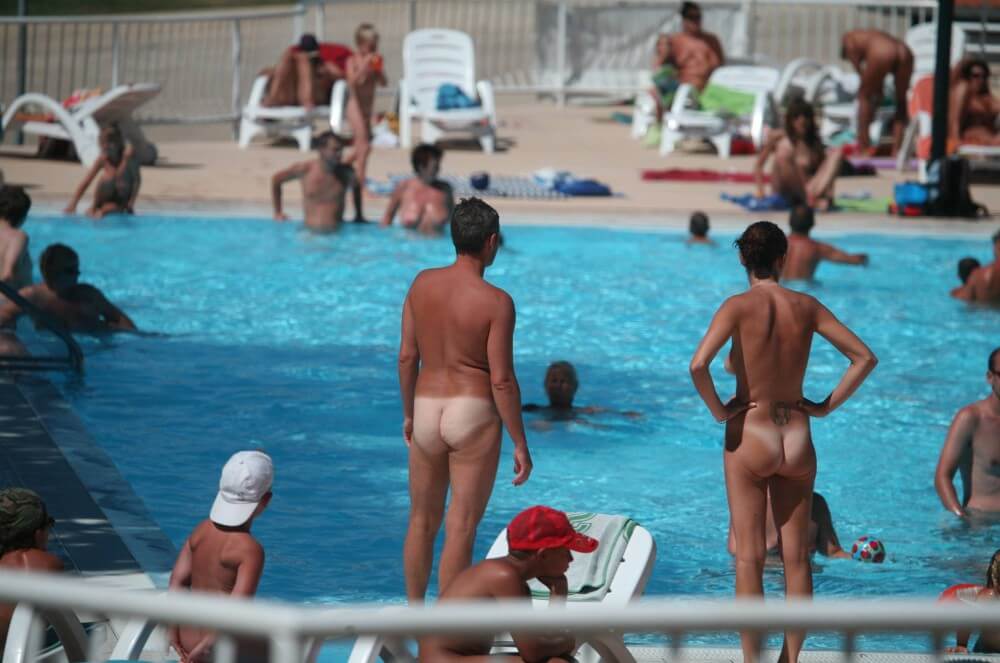Pool-Shore Group Exercise - Simplicity and naturalness are important principles of nudism and naturism